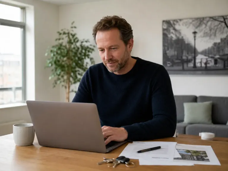 Verhuurder aan tafel met een laptop.